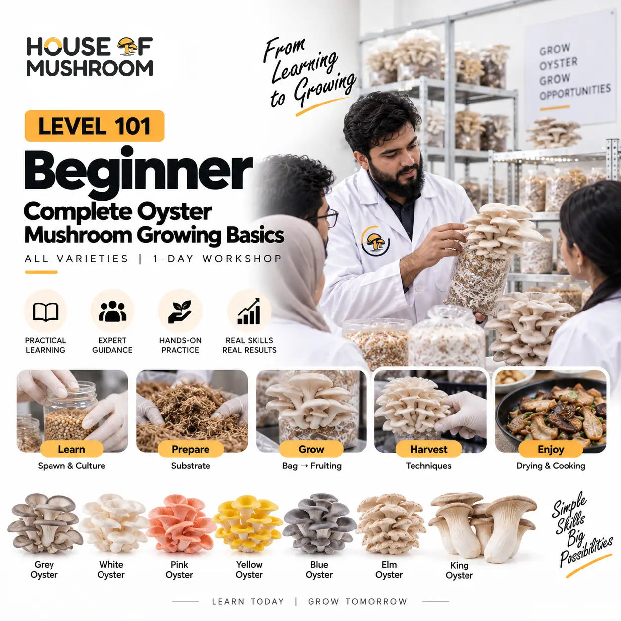Level 101: Beginner – Complete Mushroom Growing Basics | 35+ Varieties | 1-Day Workshop
