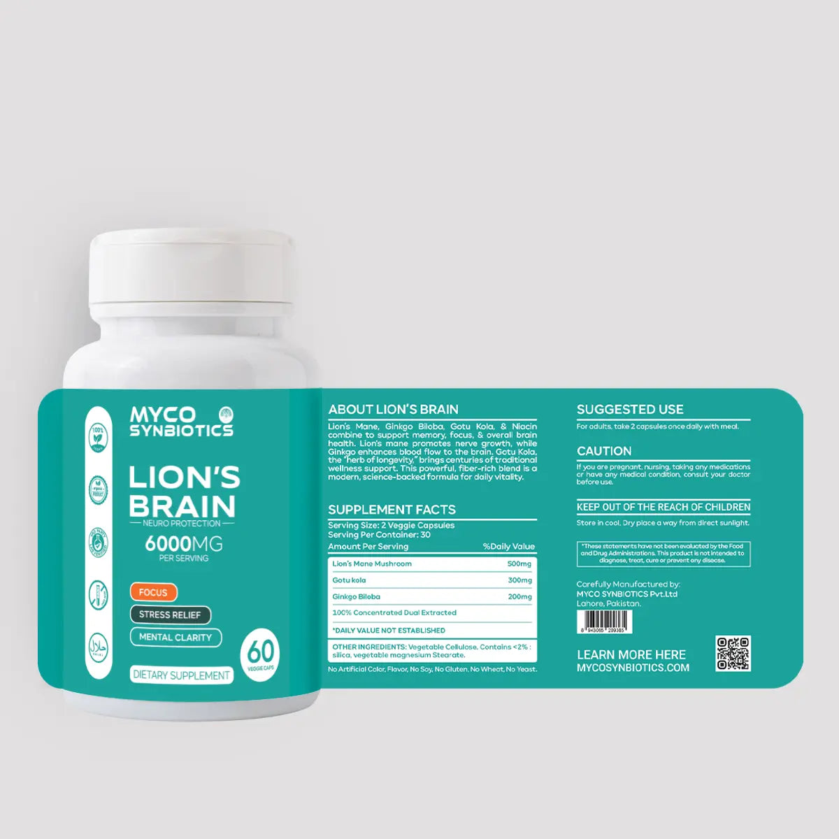 Lion's Brain Capsules | Gotu Kola & Ginkgo Biloba | Vegan Brain Health Supplement
