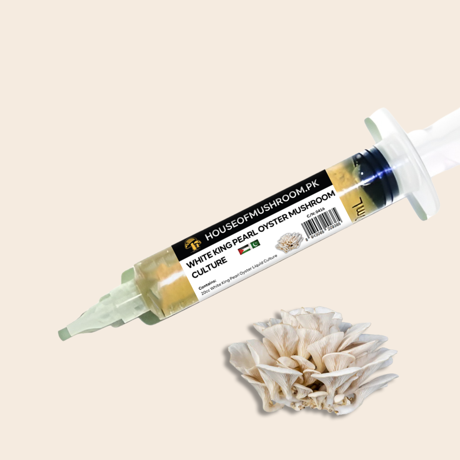 White KIng Pearl Oyster Mushroom Liquid Culture Syringe 20cc (C0416)