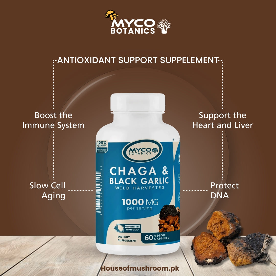 Real Wild Chaga Mushroom & Aged Black Garlic Capsules | Organic Mushroom Extract Supplement, 60 Veggie Caps, Antioxidant & Immune Support Supplement