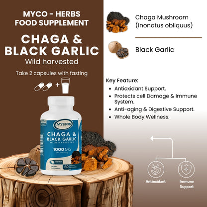 Real Wild Chaga Mushroom & Aged Black Garlic Capsules | Organic Mushroom Extract Supplement, 60 Veggie Caps, Antioxidant & Immune Support Supplement