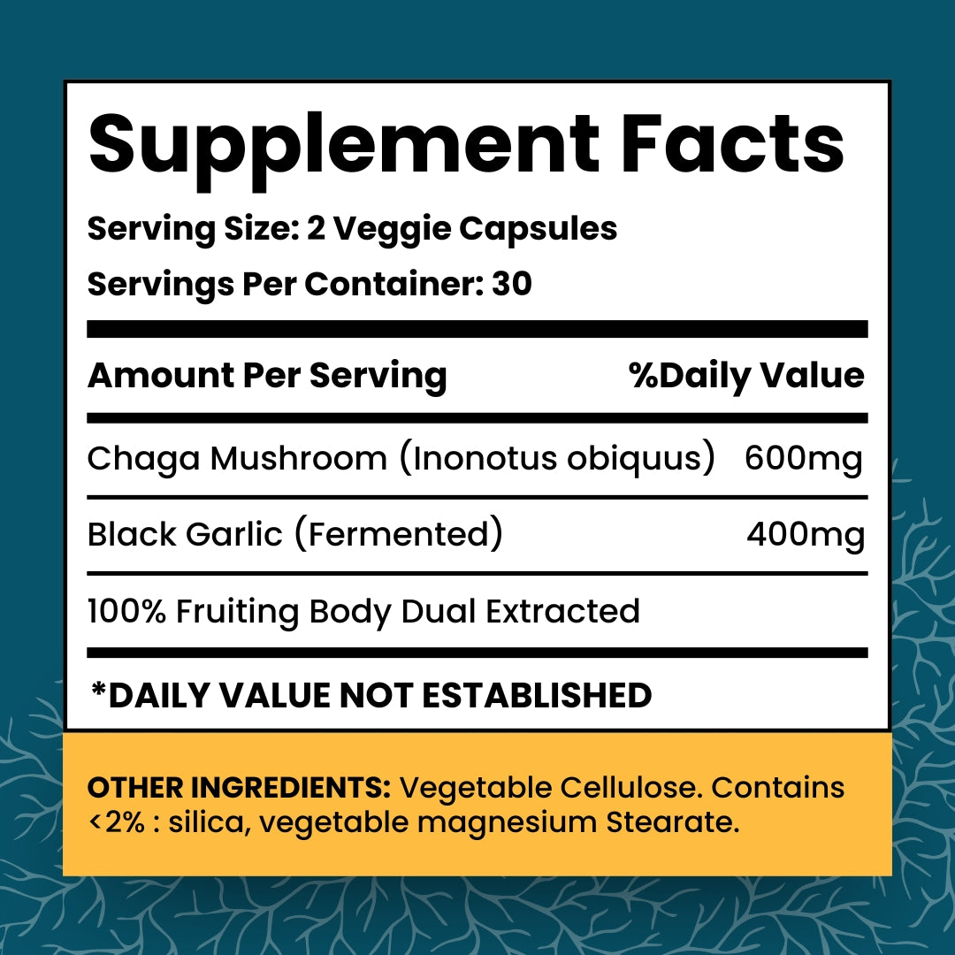 Real Wild Chaga Mushroom & Aged Black Garlic Capsules | Organic Mushroom Extract Supplement, 60 Veggie Caps, Antioxidant & Immune Support Supplement