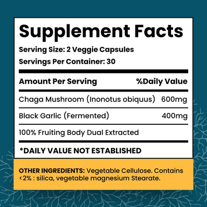 Real Wild Chaga Mushroom & Aged Black Garlic Capsules | Organic Mushroom Extract Supplement, 60 Veggie Caps, Antioxidant & Immune Support Supplement