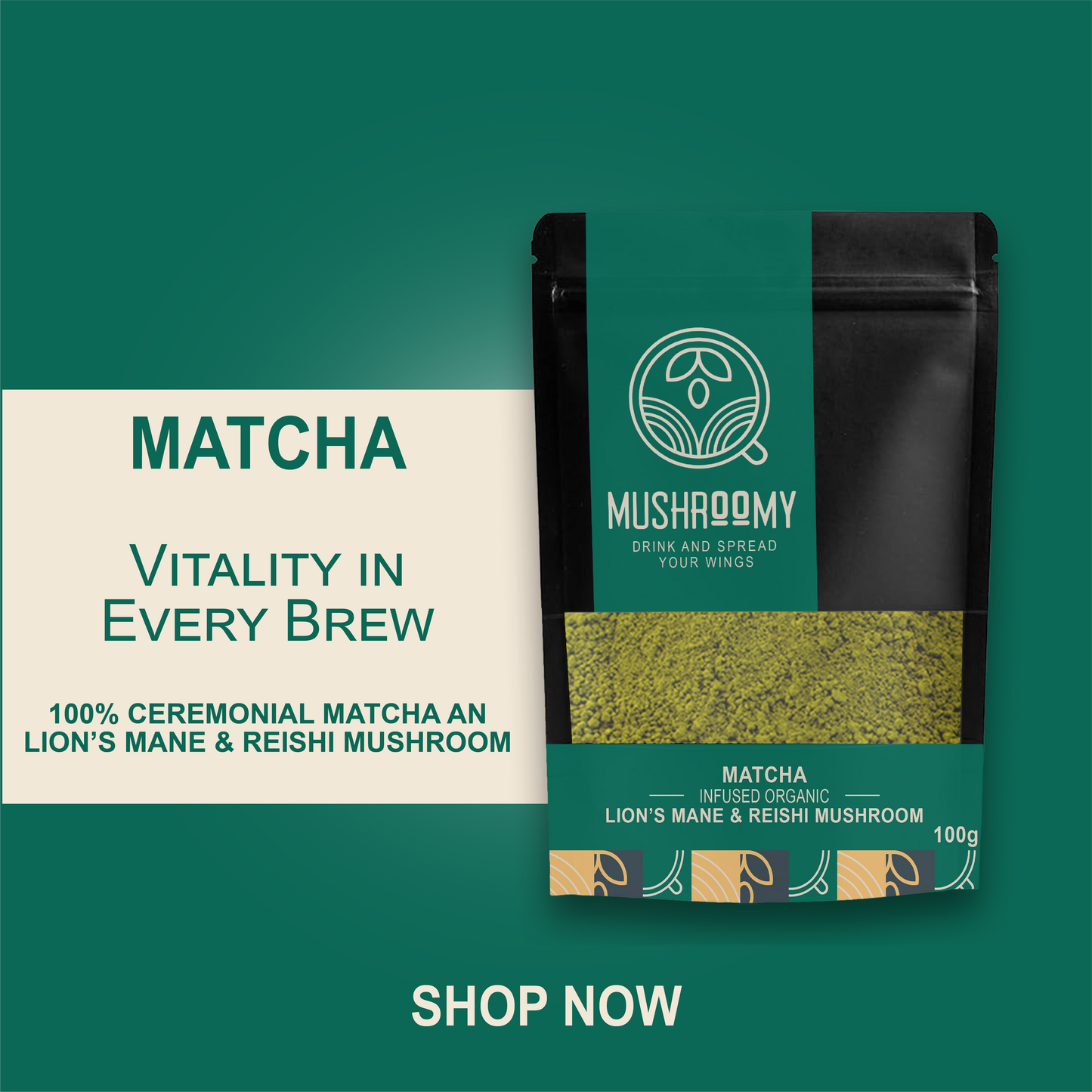 MATCHA - Lion's Mane & Reishi Mushroom Infused Organic Matcha Mix - 100g