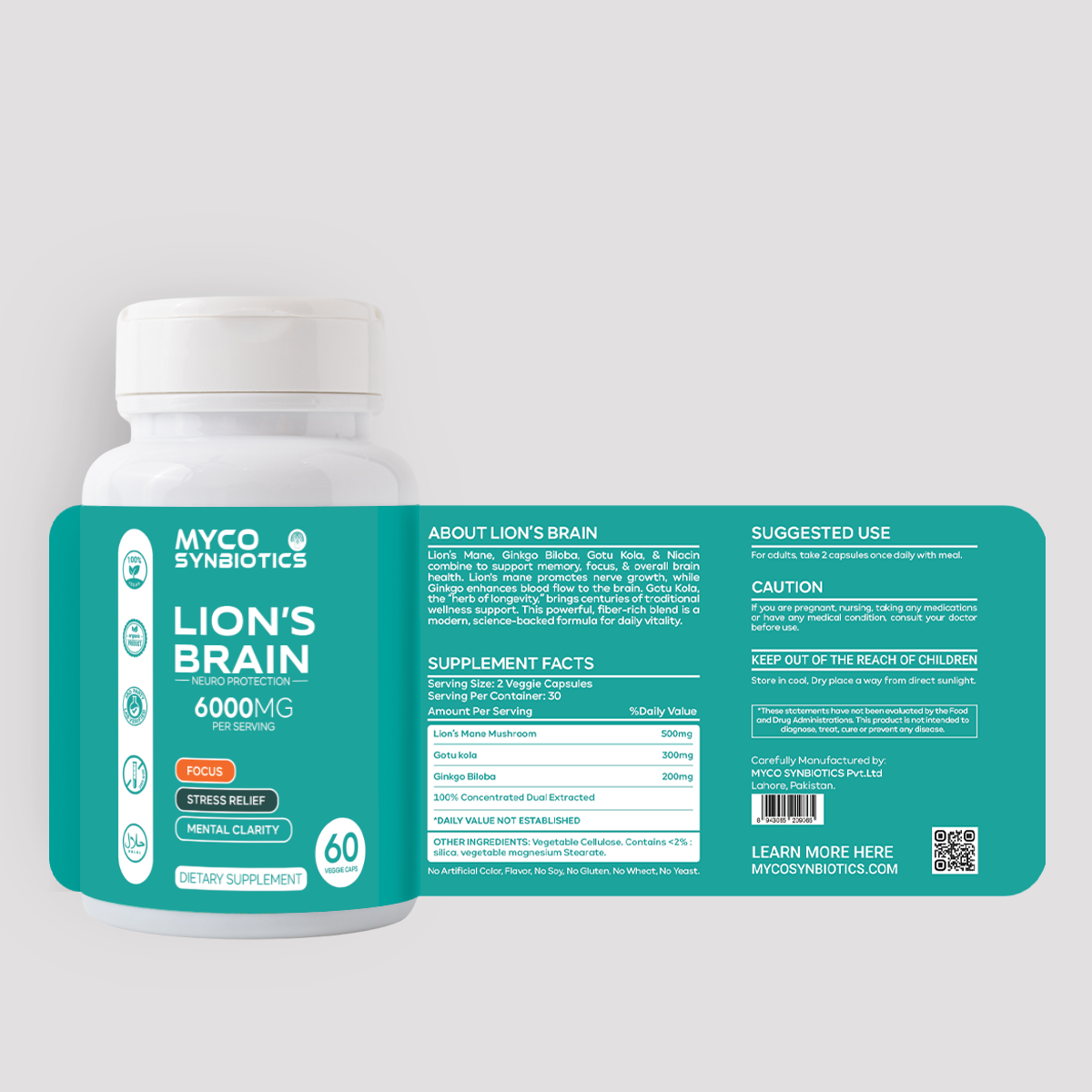 Lion's Brain Capsules | Gotu Kola & Ginkgo Biloba | Vegan Brain Health Supplement