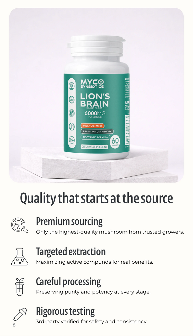 Natural Lion's Mane Mushroom Supplement Supporting Memory, Focus and Mental Clarity