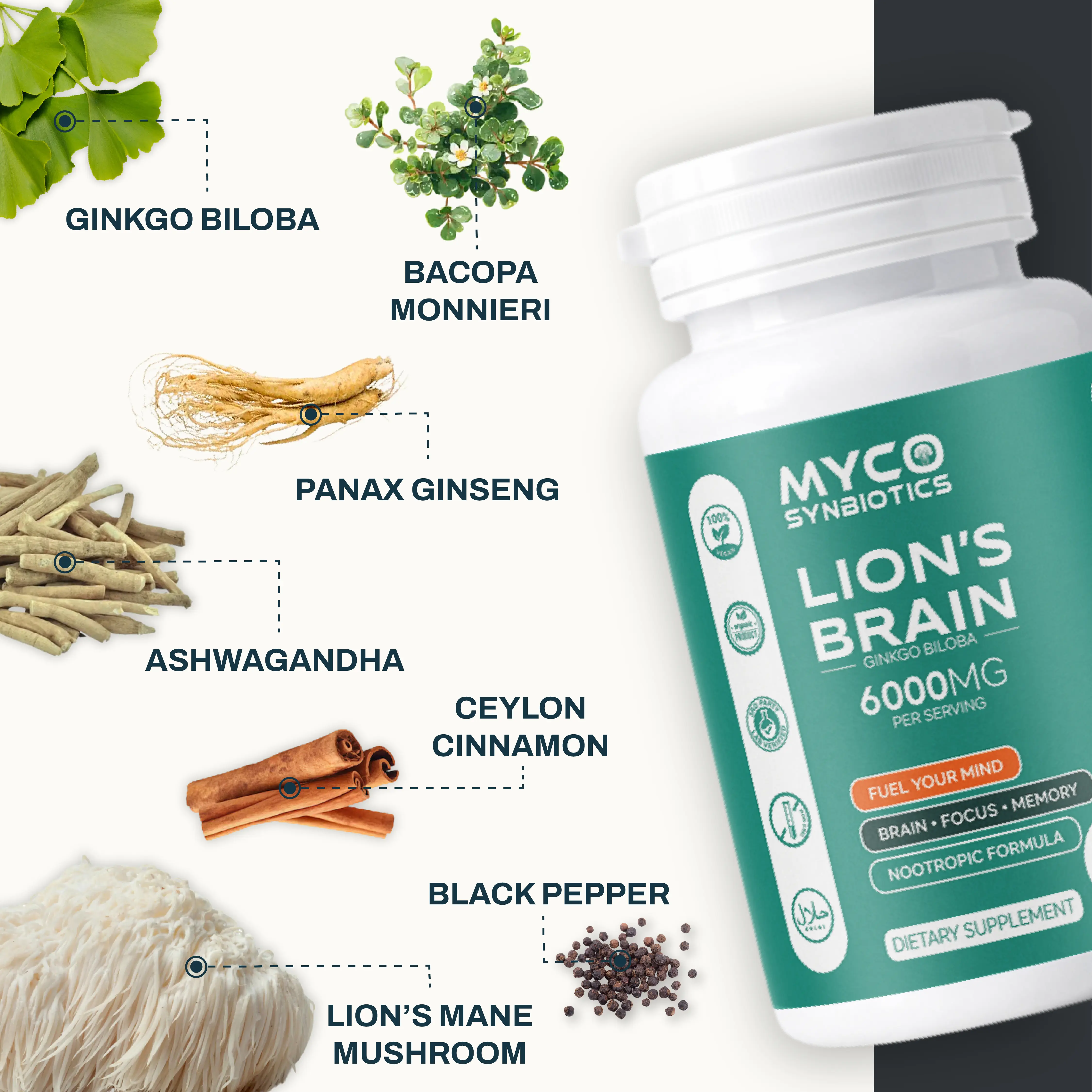 Lion's Mane Capsules with Bacopa, Ginkgo Biloba, Panax Ginseng and Ashwagandha