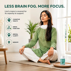 Woman taking Organic Lion's Mane Capsules for Memory Focus and Mental Clarity