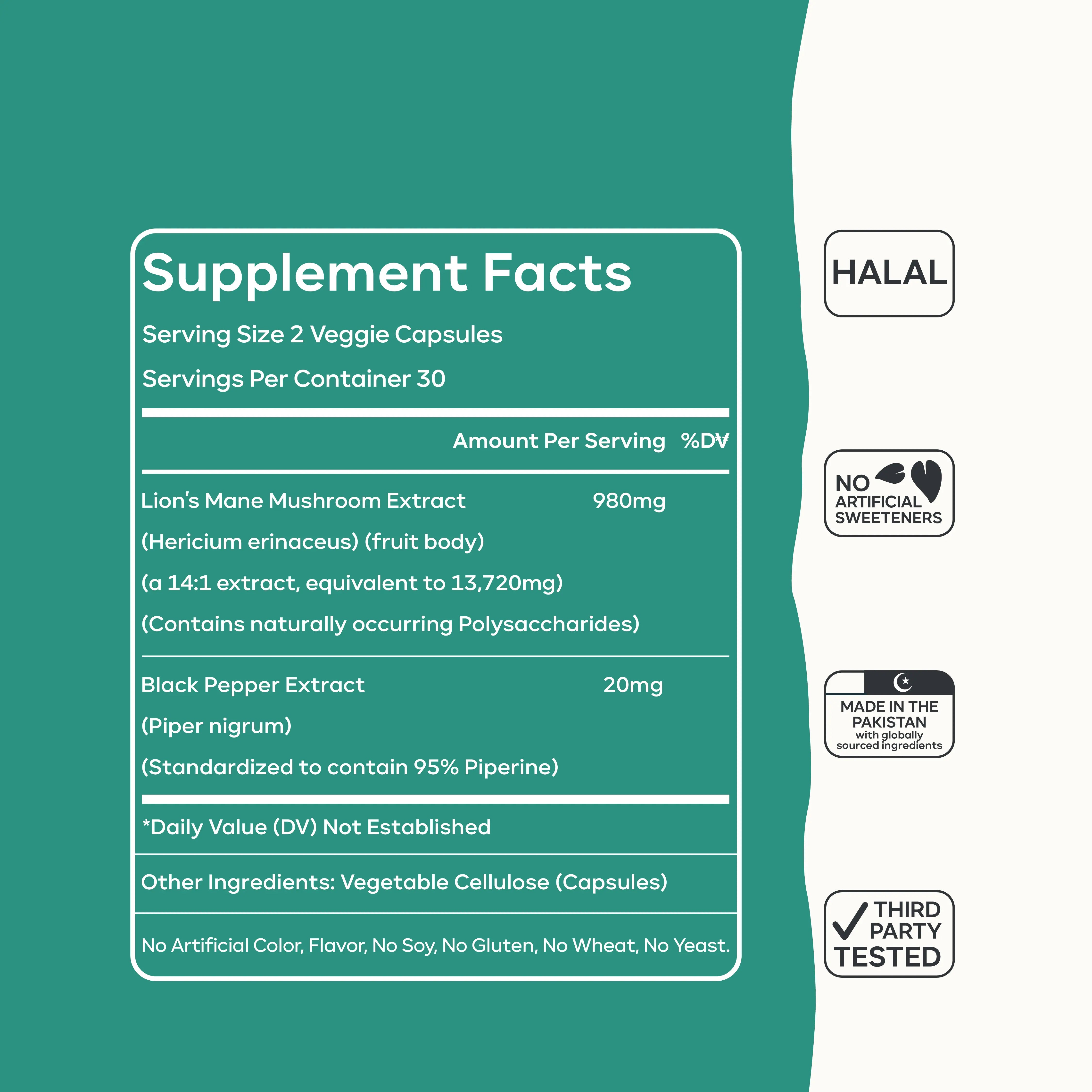 Lion's Mane Mushroom Capsules Supplement Facts and Ingredients Label