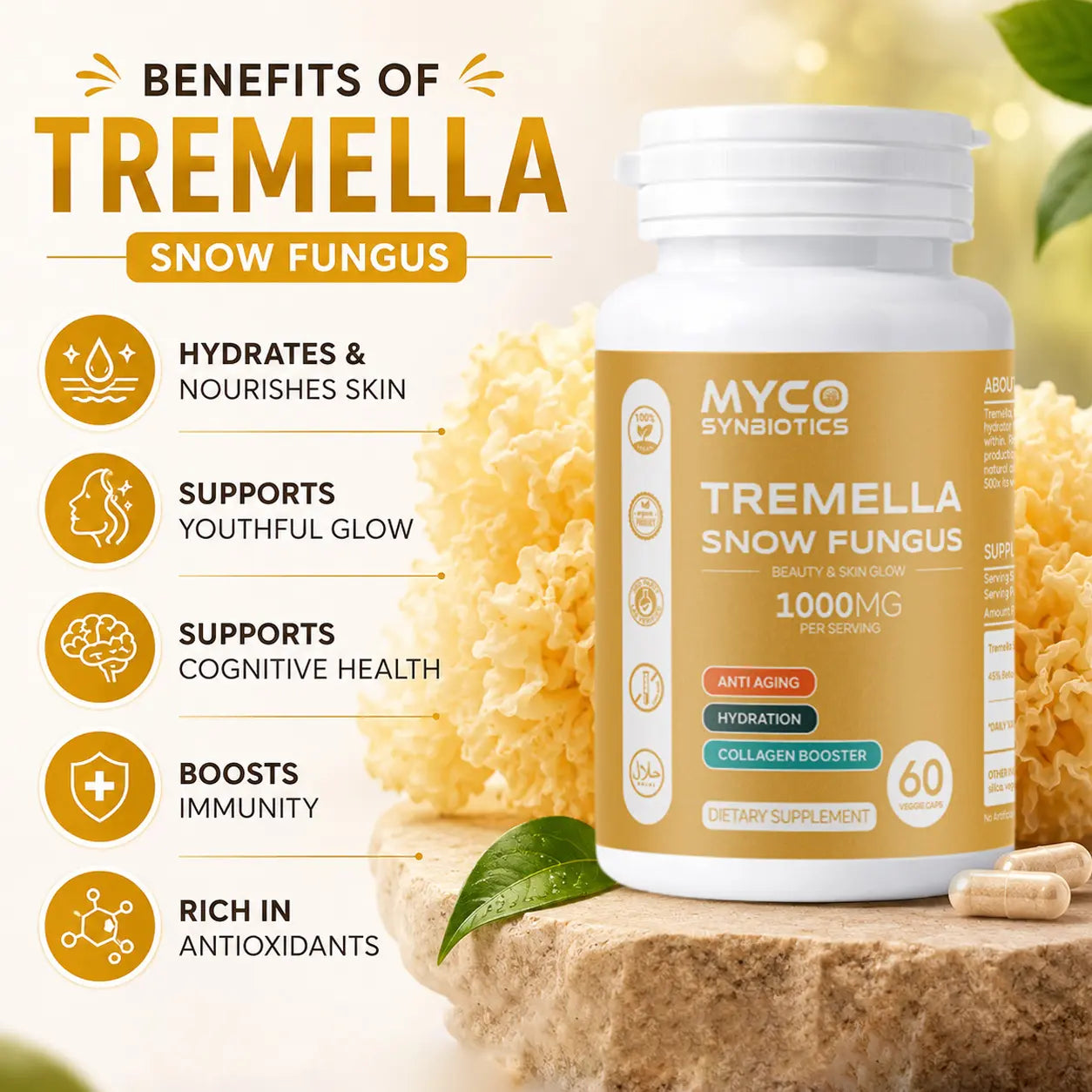 Tremella Snow Fungus Capsules | Organic Herbal Extract for Skin, Hair & Nails Support Supplement